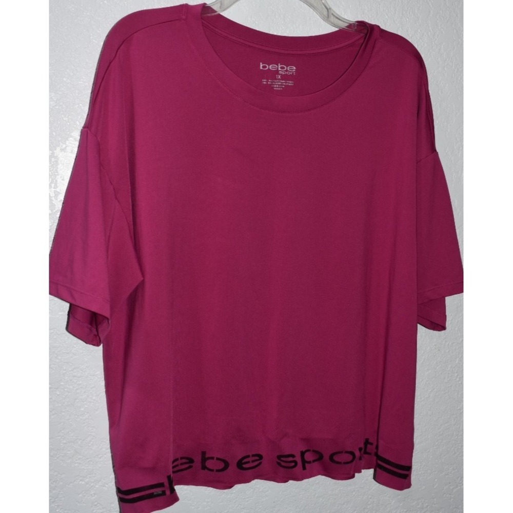 Bebe Sport Tee‎ 1X Top Pink Logo Workout Athletic Beach Athleisure Stretch Comfy
